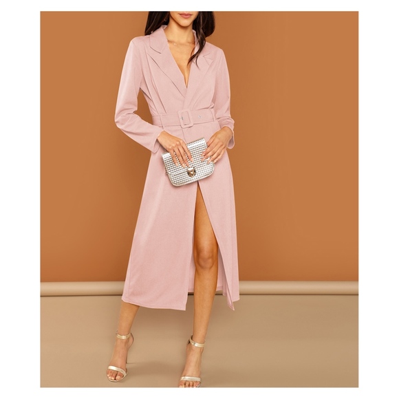 Blush Pink Belted Peak Collar Trench Dress - Picture 4 of 6